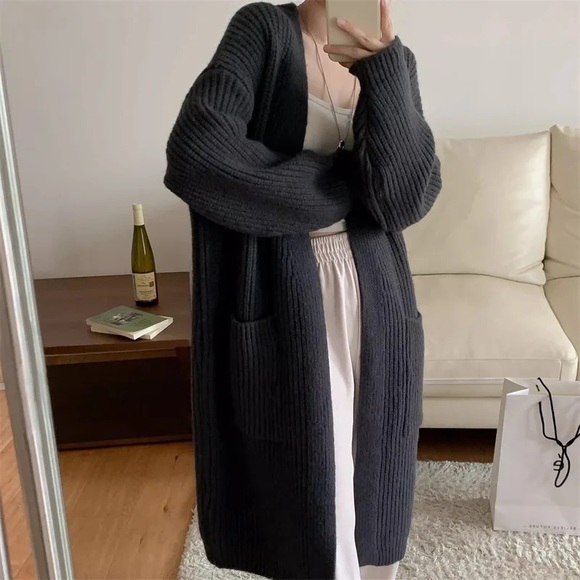 #40 GORGEOUS Chunky Thick Long Over Knee Rib Black Brush Soft Cardigan - Picture 5 of 8